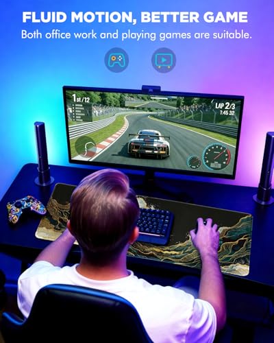 Mouse Pad, Desk Mat, 31.5x11.8in Large Mousepad, Blue Gold Waves | Desk Pad with Stitched Edge & Rubber Non-Slip Bottom, Gaming Mouse Pad, Extended Mousepad for Home, Office - color: Blue Gold Waves