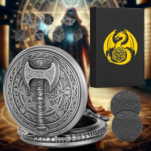 Mini DND Dice Set With Steampunk Barbarian Axe Pocket Watch Shell Case, 7pcs Polyhedral Metal Dice Set, D&D Gifts With Gift Box, Role Playing Board Games Accessories, Dark Silver - color: Dark Silver