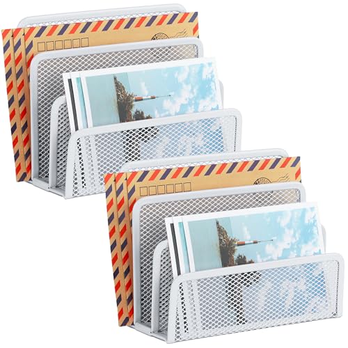 EASEPRES Desk Mail Organizer, Office Small Desktop Metal Mesh Envelope Letter Sorter Paper File Holder Organizer with 3 Vertical Upright Compartments, White 2 Pack - color: White, size: 2 Pack