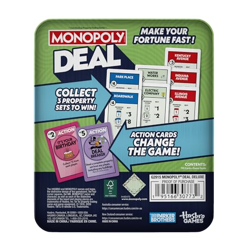 Monopoly Deal Card Game in Collectible Storage Tin | Ages 8+ | 2-5 Players | 15 Mins. | Fun Family Games for Kids, Teens, and Adults | Travel Games (Amazon Exclusive)