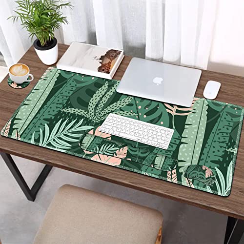 AIMSA Large Gaming Mouse Pad Set, Keyboard Wrist Rest Support Mouse Pad, Ergonomic Memory Foam Multifunctional Extended Desk Mat 35x15.7in Anti-Slip Rubber Base for Office Home, Pink Green Leaves - color: Pink Green Leaves