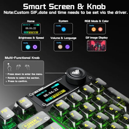 Aula F98Pro V3 Wireless Mechanical Keyboard with Screen & Knob,Tri-Mode Hot Swappable Computer Keyboards,10000mAh Battery,Clear Keycaps RGB Backlit Gasket Mount Black Gaming Keyboard for PC/Office - color: Black