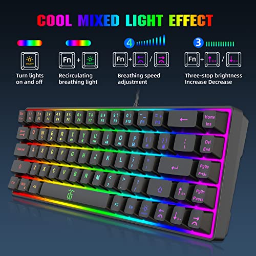 Snpurdiri 60% Wired Gaming Keyboard, 68 Keys, Black | Rainbow Backlit Mini Membrane Gaming Keyboard for Windows PC Gamers - color: Black(Rainbow)