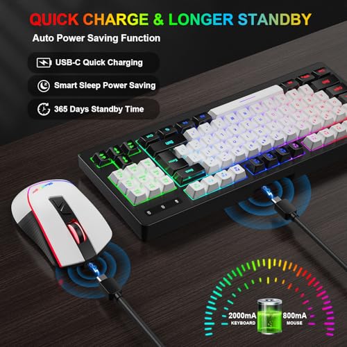 BlueFinger Wireless Gaming Keyboard and Mouse Combo, RGB Rainbow Backlit Rechargeable Battery, 87 Keys TKL Light Up Keyboard with Ergonomic Gaming Mouse for Mac Laptop Computer PC Gamer(Black & White) - color: Black & White