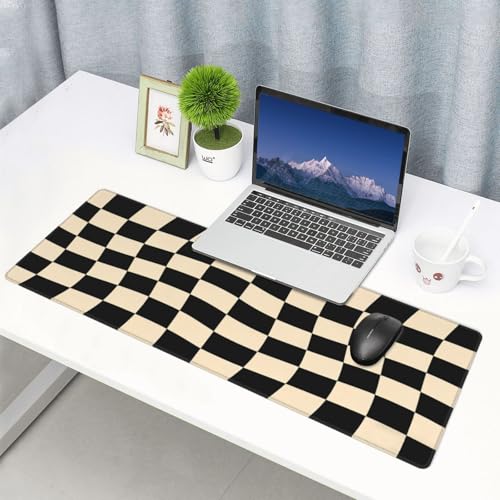 Gaming Mouse Pad, Large Beige Black Checkered Mousepad Laptop, Extended Mouse Mat, Long XL Waterproof Keyboard Pads, Big Non-Slip Mousepads for Game Office Home, 31.5 x 11.8 in - color: Beige Black Checkered