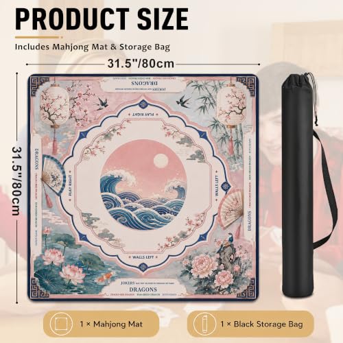 Crane Waves Mahjong Mat for Table with Carrying Bag, Anti Slip Noise Reduction Game Table Cover for Mahjong, Card, Board Tile Games, 31.5'' x 31.5'' - color: Moonlit Crane Waves