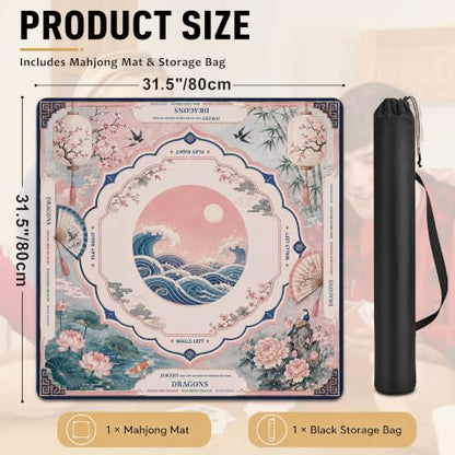 Crane Waves Mahjong Mat for Table with Carrying Bag, Anti Slip Noise Reduction Game Table Cover for Mahjong, Card, Board Tile Games, 31.5'' x 31.5'' - color: Moonlit Crane Waves