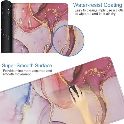 Extra Large Mouse Pad 31.5 x 11.8 in, Gaming Mousepad with Stitched Edges, Premium Microfiber Cloth Surface, Waterproof Non-Slip Base Keyboard Desk Mat for Home Office Gaming, Marble Pink - color: Marble Pink, size: 31.5L x 11.8W inches