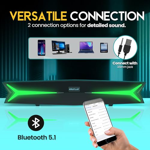 Desktop Soundbar for Computer 15.5 Inches | Bluetooth Soundbar with RGB LED Lights | Clear Bass | AUX, USB, USB-C | Soundbar for Projectors, TVs, Smartphones, Gaming Consoles, & Laptop