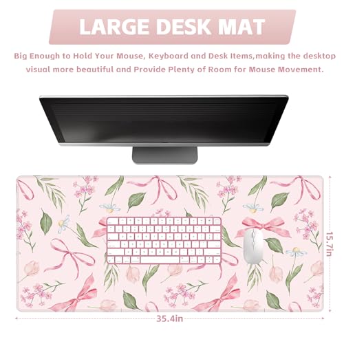 Baziabbo Pink Desk Mat,XXL Extended Big Mouse Pad,Gaming Mousepad with Stitched Edge,Non-Slip Rubber Base Keyboard Desk Pad for Home Office Study Game - color: Bowknot Flower