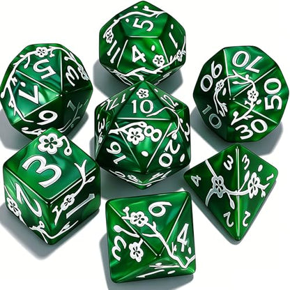 CiaraQ 7pcs Polyhedral Dice Set for Dungeon and Dragons MTG Table Games | Acrylic Role Playing Dice for D&D with Black Velvet Bag – Green Pearl with White Numbers & Plum Blossom Patterns - color: Green and White Floral Dice