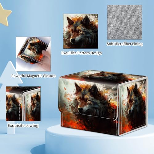 for MTG Commander Deck Box,Card Deck Box for Trading Yugioh MTG,Fits 100 Double Sleeved Cards,PU Leather Strong Magnet Case for Magic Commander TCG CCG,Fire Wolf - color: Fire Wolf