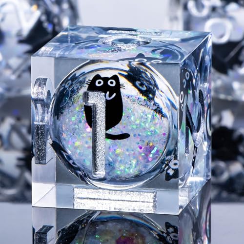 Roycevon Resin DND Dice Set with Gift Box, 7Pcs Liquid Core Cat D&D Dice, Cute Dungeons Dragons D and D Dice, Sharp Edge Role Playing Game Dice D20 D12 D10 D8 D6 D4, Rainbow White - color: Rainbow White