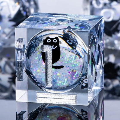 Roycevon Resin DND Dice Set with Gift Box, 7Pcs Liquid Core Cat D&D Dice, Cute Dungeons Dragons D and D Dice, Sharp Edge Role Playing Game Dice D20 D12 D10 D8 D6 D4, Rainbow White - color: Rainbow White