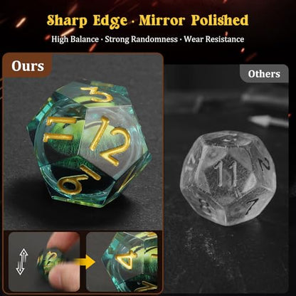 MoKo Liquid Core DND Dice Set 7PCS, Green + Gold | Sharp Edge Resin Polyhedral, D20 D12 D10 D8 D6 D4 D%, Gift Box Included, Compatible with Dungeons and Dragons RPG - color: 1 - Green + Gold