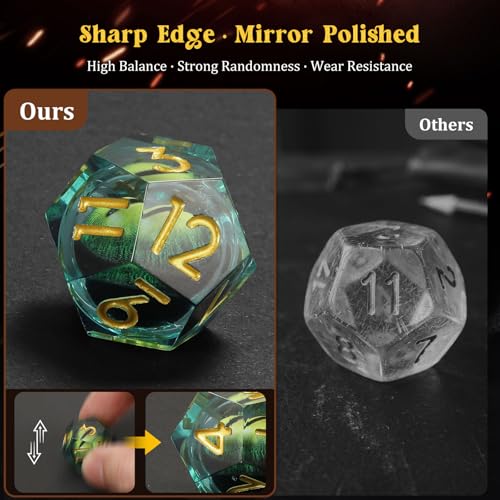MoKo Liquid Core DND Dice Set 7PCS, Green + Gold | Sharp Edge Resin Polyhedral, D20 D12 D10 D8 D6 D4 D%, Gift Box Included, Compatible with Dungeons and Dragons RPG - color: 1 - Green + Gold