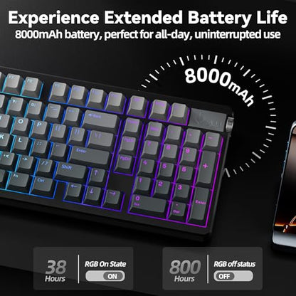 LEOBOG A98 Wireless Mechanical Keyboard, Tri-Mode BT5.0/2.4GHz/USB-C, Creamy Keyboard with Number Pad, Gasket Structure Hot Swappable, PBT Keycaps, RGB Backlit Black Gaming Keyboard with Knob for PC - color: Gradient Black