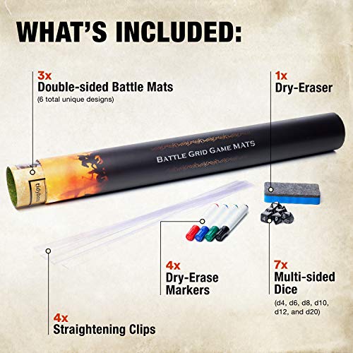 Tidyboss DND Starter Set | 3 X Double Sides 24x 36 Game Grid Mat | 6 Terrains Includes Dry Erase Markers, Eraser, Dice and Clips - color: Multi Color