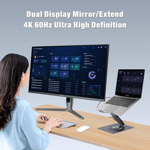 Adjustable Laptop Stand for Desk with Docking Station 11-in-1, Aluminum Laptop Riser with USB Hub 360°Swivel Dual Display 4K60Hz HDMI Gigabit Ethernet USB3.0 PD100W for MacBook Pro Air/Dell/HP 7-15.6" - size: 11-in-1 Hub Laptop Stand