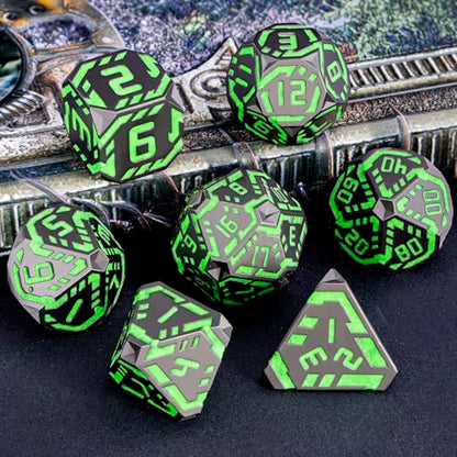 Metal DND Sci-fi Dice Set 7PCS Luminous Green Stripe Polyhedral Dice for Dungeons Dragons RPG Role Playing Game, Glitter D and D Dice with Gift Box D6 D8 D10 D12 D20 - color: Nightlight - Green