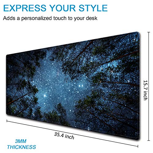 XXL Waterproof Office Desk Pad Protector 35.4x15.7 Inch - Extended Gaming Mouse Pad with Non-Slip Rubber Base, Thickened Keyboard Mat, Stitched Edges & Forest Starry Design - color: Blue