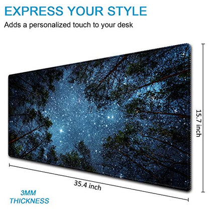 XXL Waterproof Office Desk Pad Protector 35.4x15.7 Inch - Extended Gaming Mouse Pad with Non-Slip Rubber Base, Thickened Keyboard Mat, Stitched Edges & Forest Starry Design - color: Blue