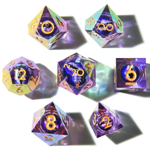 Laser Liquid Core DND Dargon Eye Dice Set for Dungeons and Dragons, Beholders Rainbow Dice with Iridescent Iconic Coating,Resin Sharp Edge for RPG, MTG Table Games（Purpl Eye） - color: Rainbow-liquid Purple