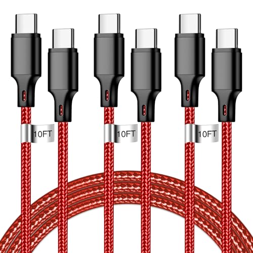 USB C to USB C Charger Cable, 3Pack 10FT Type C Fast Charging Cord Compatible for iPhone 15/16/17/Pro/Max/Plus, iPad Pro Air Ps5 Controller Samsung Galaxy - Red - color: Red, style: 3P C2C 10FT