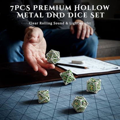 MoKo Dragon Hollow Metal DND Dice Set, Green+Gold | 7 Pcs Polyhedral, D20 D12 D10 D8 D6 D4, For Dungeons and Dragons RPG Games, With Gift Box - color: 4 - Green+gold