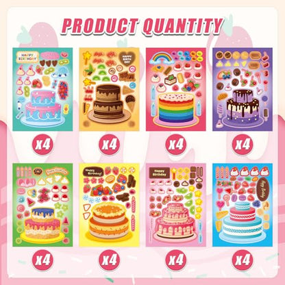 32 Sheets Create Cake of Dreams Stickers, Make Your Own Cake Stickers for Boys and Girls, Travel Sticker Books, Party Favors, Birthday, Home, School and Activities Gifts for Kids Ages 3+ - style: Cake