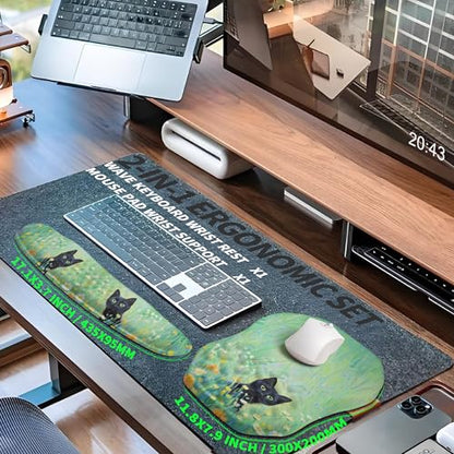 2-in-1 Ergonomic Set, Wave Keyboard Wrist Rest and Massage Slope Mouse Pad Wrist Support, Rebound Memory Foam for Relieve Carpal Tunnel Syndrome and Wrist Pain (Oil Painting Cats) - color: Oil Painting Cats