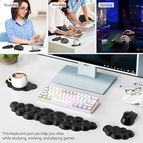 TECKNET Cloud Keyboard Wrist Rest Set, Cloud Wrist Rest with Non-Slip Base, PU Leather Wrist Pad for Keyboard with Ergonomic Memory Foam for Computer Laptop Office Gaming and Pain Relief, Black - color: Black