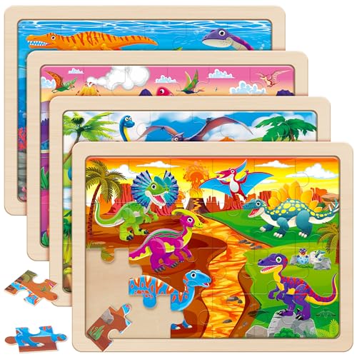 SYNARRY Large Dinosaur Wooden Puzzles for Kids Ages 4-6, 4-in-1 Gift Set | Dinosaur Puzzles for Toddlers & Kids Ages 3-5, Birthday Gifts for Boys & Girls, Educational Dinosaur Toys, Screen-Free Play - style: Dinosaur