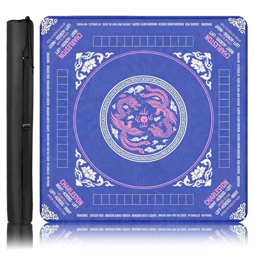 Britimes Mahjong Mat with Black Carrying Bag,31.5"x31.5", Dragon Blue | Pink Non-Slip Noise Reduction Gaming Mat Rubber Multi Purpose Game Table Cover for Mahjong Card Dominoes Board Tile Games - color: Deep Blue Pink