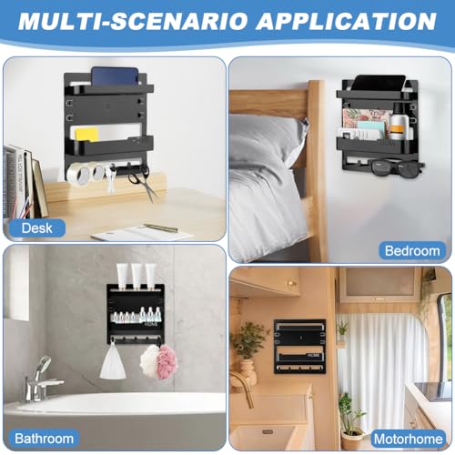 Bedside Shelf Wall Mount & Wall Nightstand for Bedroom,9 * 9.45inch Adhesive Nightstand Wallshelf with 5 Hooks,Wall Mount Shelf for Charging Station and Remote Control Holder(Black) - color: Black