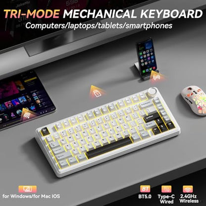 SOLAKAKA A75 75% Wireless Mechanical Keyboard, Hot Swappable Gaming Keyboard with Multifunction Knob & RGB, Gasket Mounted Creamy Keyboard, PBT Keycaps, Compact Layout for Win/Mac/PC - color: Whtie&Black&Grey