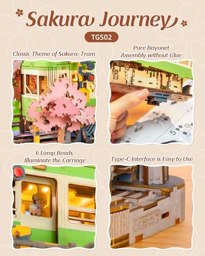 Rolife 3D Wooden Puzzle for Adults, Sakura Journey Tram DIY Model Building Kits with LED Lights, Creative Kids Craft Hobby Gift and Brain Teaser Home Decor Assembly Toy