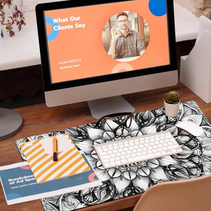 Large Gaming Mouse Pad for Desk, Black and White Mandala Desk Mat, Mandala Flower Desk Pad, 31.5"x15.7" Extended Big Computer Keyboard Mouse Pad with Non-Slip Base and Stitched Edge - color: Black and White Mandala