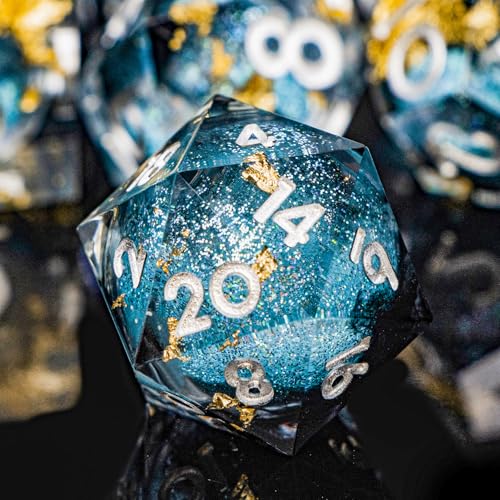DND Dice Blue Liquid Core Dice Set with Metal Box, Handmade Sharp Edge D and D Polyhedral Dice for use with RPG D&D Role Playing Game - color: Qs-10