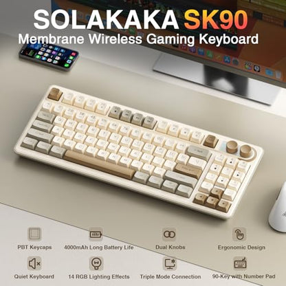SOLAKAKA SK90 75% Wireless Gaming Keyboard - 4000mAh Tri-Mode (BT5.0/2.4G/USB-C) Cute Creamy Gaming Keyboard with Number Pad, Media Knob, RGB Backlit, Quiet Keys Silent Office Keyboards for PC MAC - color: Creamy, size: SK90 - Wireless