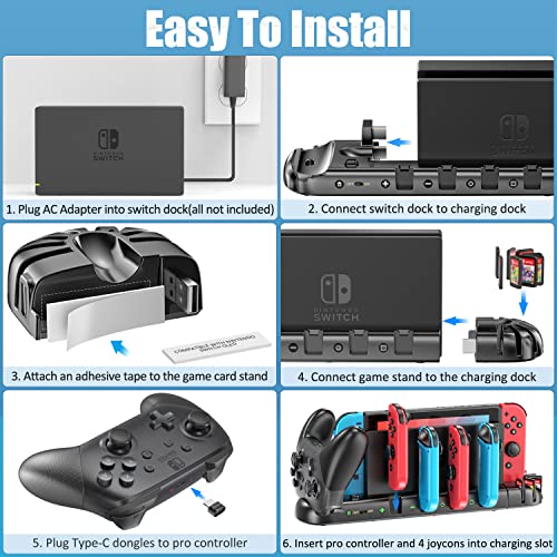 Switch Controller Charger for 6 Joy-Cons & Pro Controller, Switch Charger Dock with 2 Extended USB Ports, Switch Charging Stand Station with Detachable 8 Game Slots for Switch & OLED Model