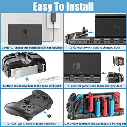 Switch Controller Charger for 6 Joy-Cons & Pro Controller, Switch Charger Dock with 2 Extended USB Ports, Switch Charging Stand Station with Detachable 8 Game Slots for Switch & OLED Model