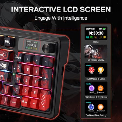 Redragon K719 PRO Wireless Gasket Gaming Keyboard w/Hype Screen & Knob, 95 Keys Mechanical Keyboard, Easy-Control 1.14’’ TFT Info Display, 5-Layer Noise Dampening, Custom Linear Switch, Anime Edition - color: Ember Queen