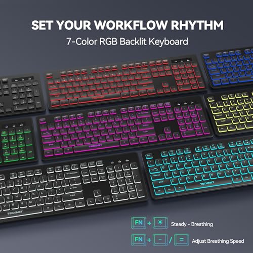 TECKNET Wired Keyboard,Silent USB Keyboard for Office,Spill-Resistant,Slim Full-Size Membrane Layout,Plug and Play for PC/Laptop/Mac-RGB Backlit
