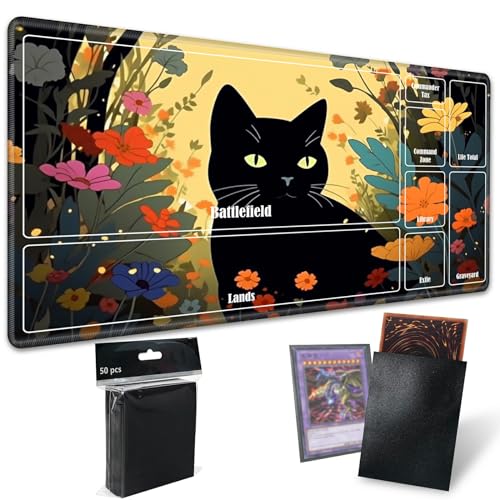 Board Game Mat TCG Playmat Plus 50 Pcs Card Sleeves, 24 x 14 inches Table Mats Games Mousepad with Zones Smooth Surface for MTG RPG CCG Trading Card Game Play Mats, Cartoon Black Cat - color: Cartoon Black Cat, size: Zone 1