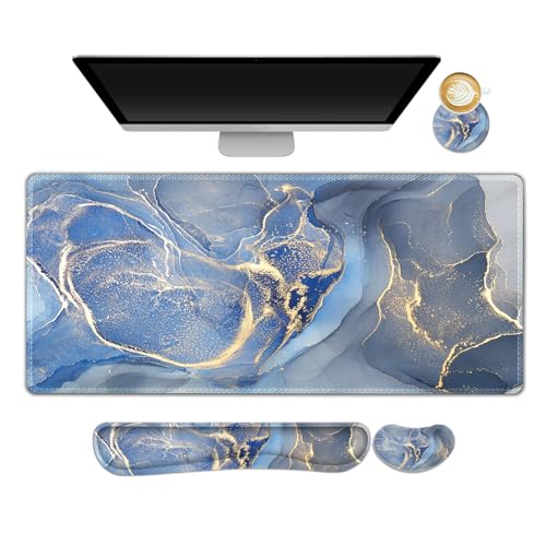 ARTSO Ergonomic Large Mouse Pad and Keyboard Wrist Rest, Blue Marble Desk Pad for Keyboard and Mouse, Big Gaming Mousepad with Wrist Support for Home Office Working Game - color: Blue Yellow Marble