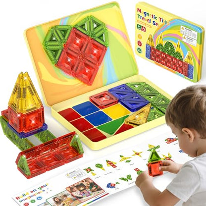 Mini Magnetic Tiles for Kids Travel: 40PCS Portable Building Blocks | Metal Storage Box & Visual Guide for 1-Minute Cleanup - Diamond Sparkle STEM Travel Toys for Toddlers Boys Girls Age 3-8 - style: Diamond Texture Mini Magnetic Tiles - 40 PCS