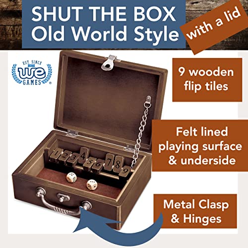 WE Games Shut the Box Dice Game - Classic Table Top Board Game for Adults and Families, Old World Wooden Box, 8.75 in. Travel Size, Walnut Stained Wood, 9 Numbers