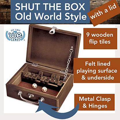 WE Games Shut the Box Dice Game - Classic Table Top Board Game for Adults and Families, Old World Wooden Box, 8.75 in. Travel Size, Walnut Stained Wood, 9 Numbers