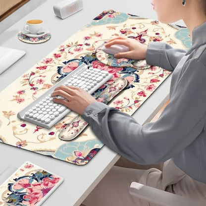 Gaming Mouse Pad, Large Desk Mat Cute Desk Pad Protector, 4in1 XXL Mousepad | + Keyboard Wrist Rest+Mouse Wrist Rest+Coaster Set with Ergonomic Desk Pad for Home Office Computer, Retro Style Pattern - color: Retro Style Pattern